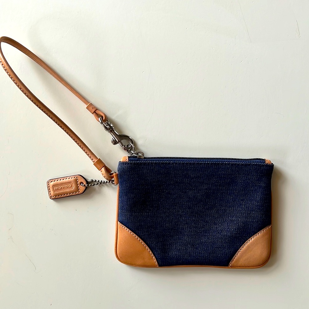 Coach Denim Blue Tan Leather Wristlet